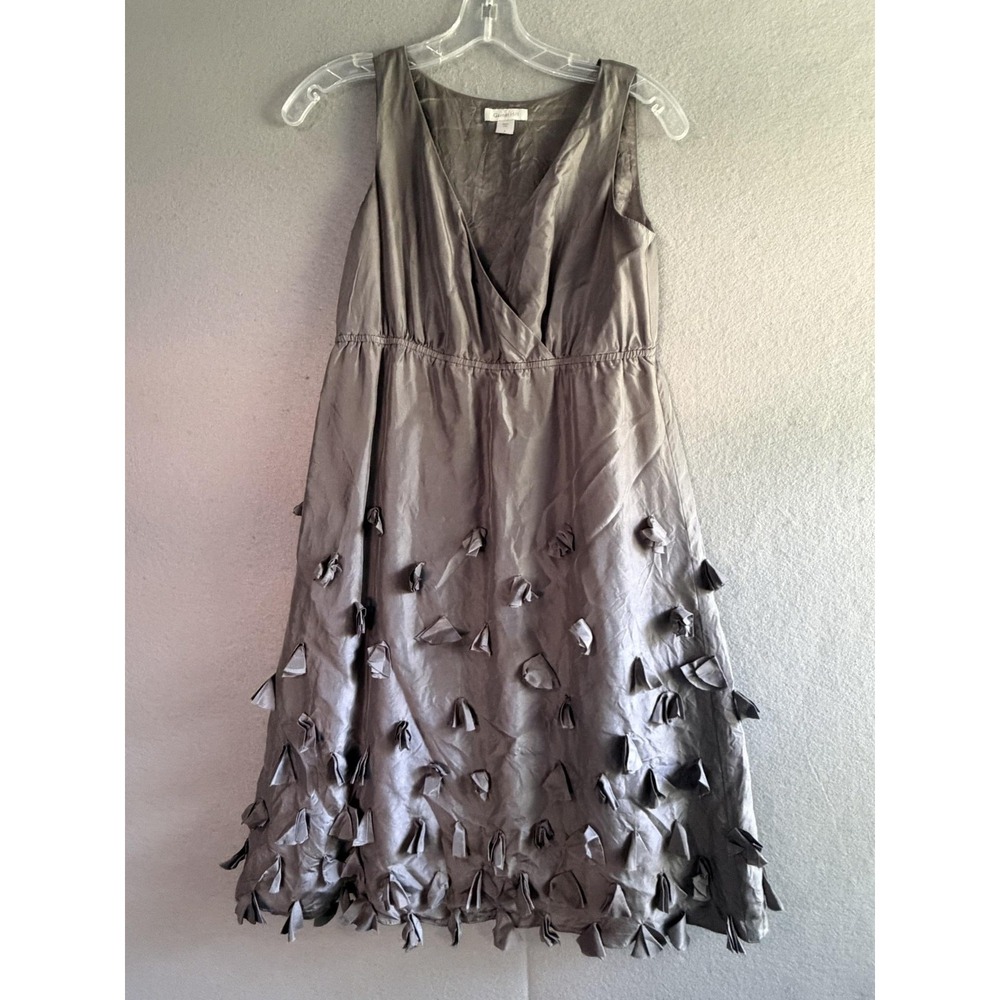 Garnet Hill Dress Womens 2 Gray V Neck Silk Tassel Fit & Flare Knee Length Party